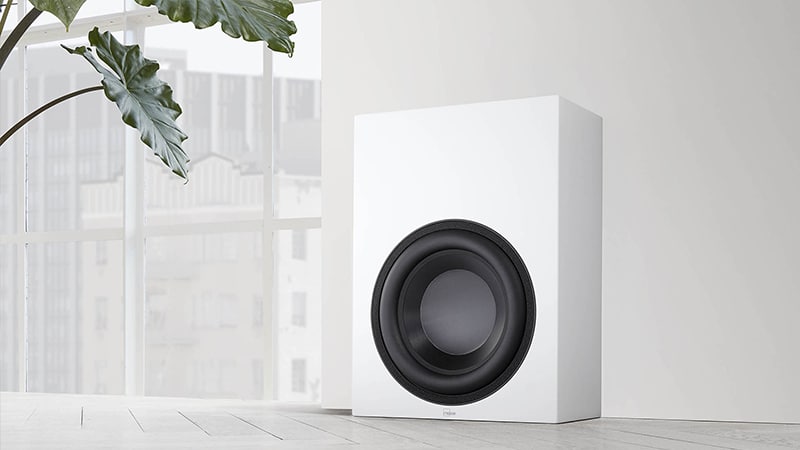 Lyngdorf BW-2 white active subwoofer close up without grill