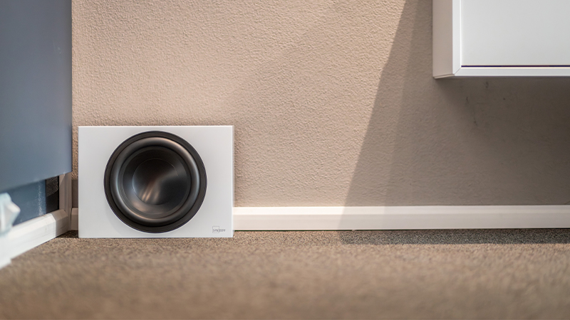 Lyngdorf BW-3 white active subwoofer unit close up
