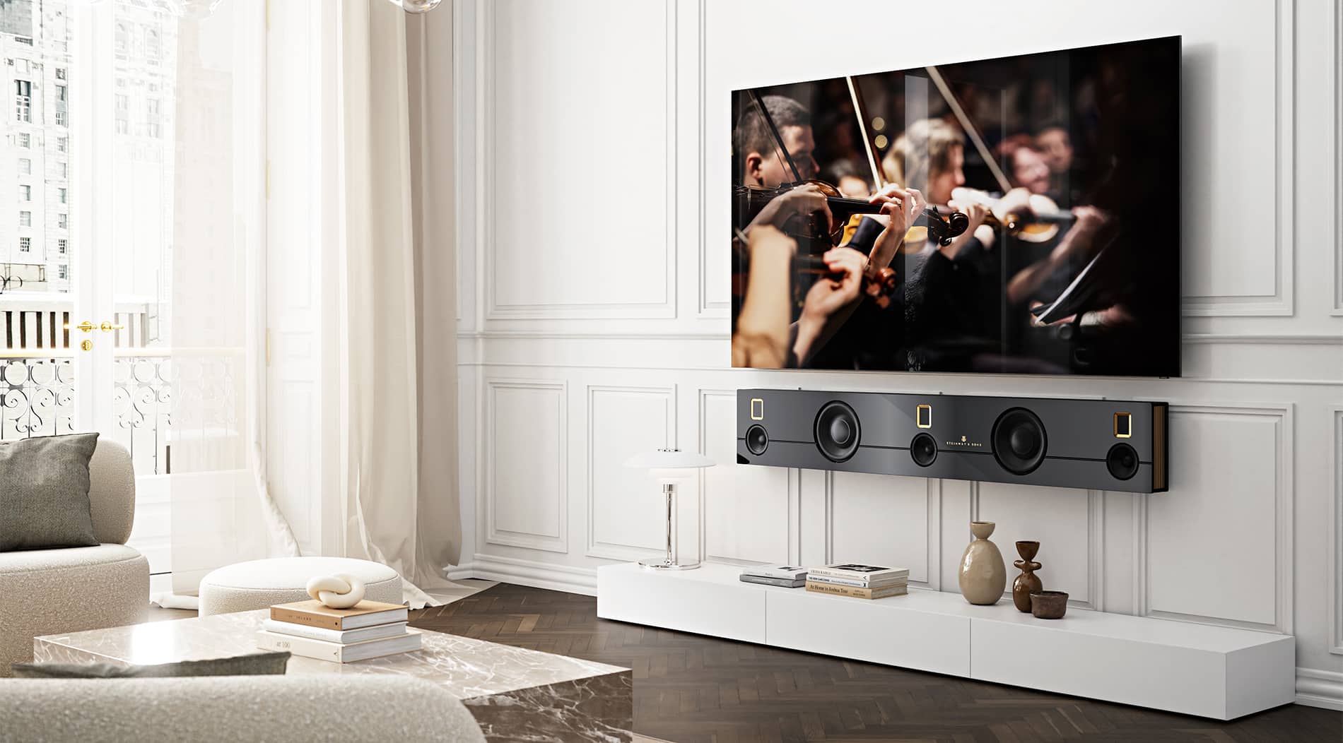 Steinway & Sons Model S Soundbar in white living room